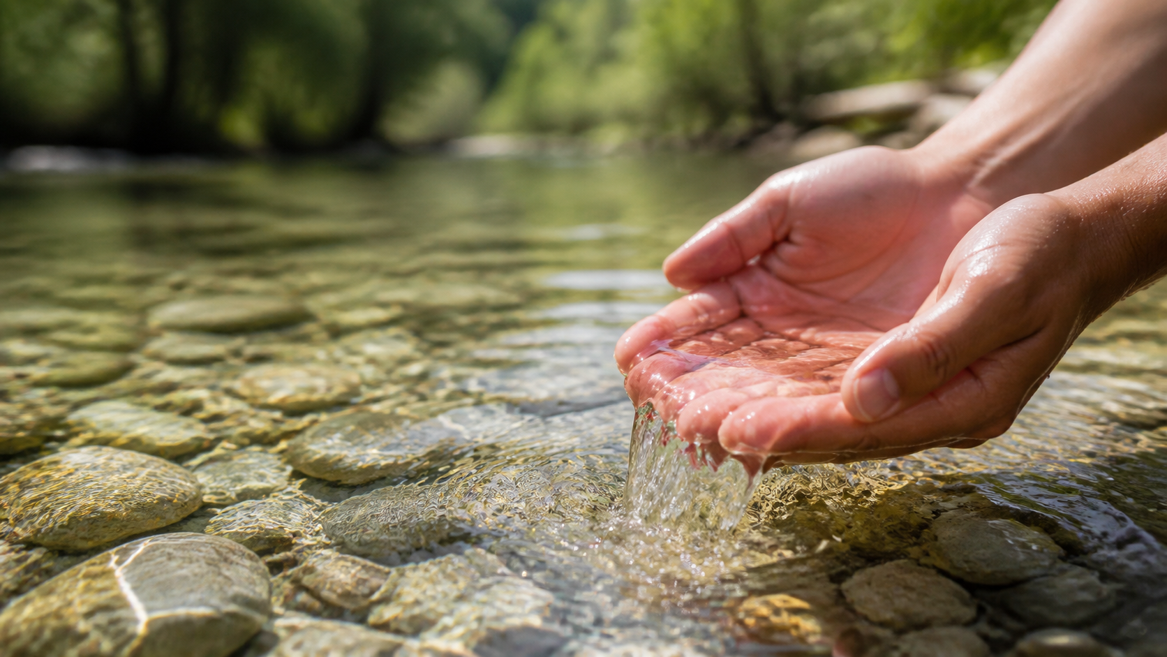 Hands cupping clear spring water over stone